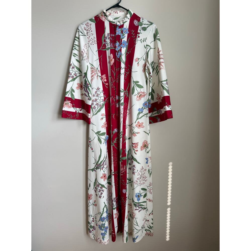 Vintage Georgie Keyloun Floral Kaftan Dress Red Stripe Hawaiian Print Size Small
